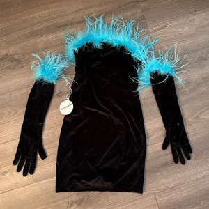 Colorful Natalie Velvet Feather Dress with Gloves